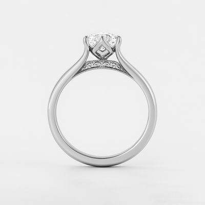 The Aurelia Ring – Elongated Cushion Diamond Six-Claw Solitaire with Tulip Basket & Vintage Gallery