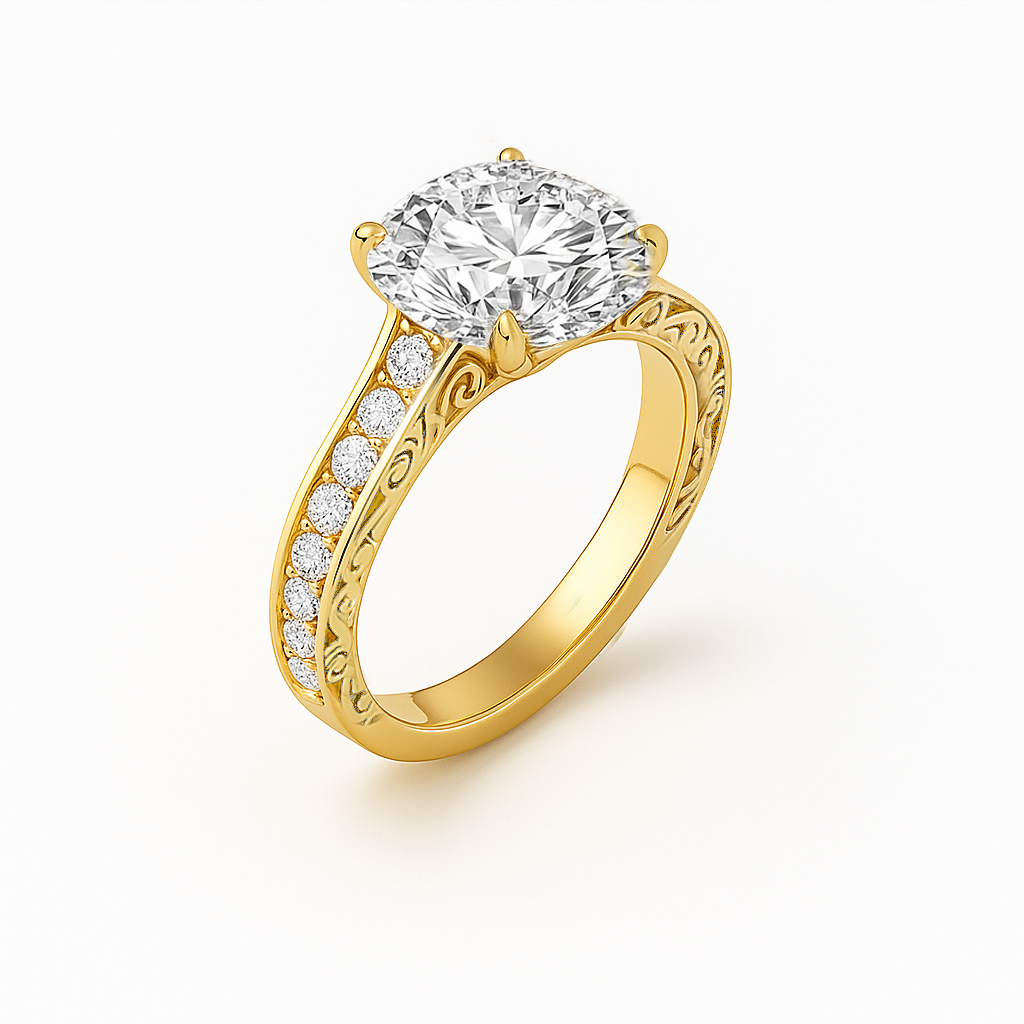 The Riviera Ring – Round Solitaire with Channel-Set Band and Vintage Detail