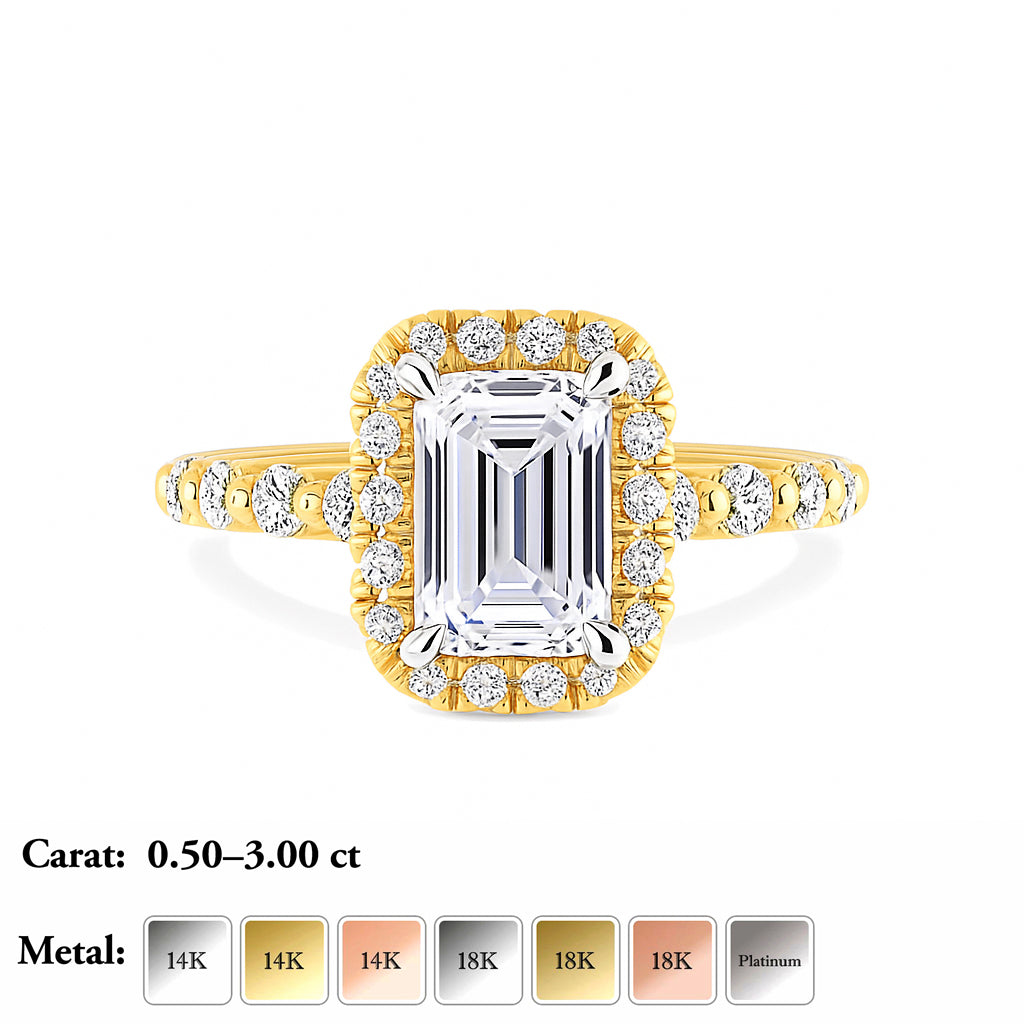 The Allison Ring - Emerald Cut Diamond Halo Engagement Ring with Pave Sides