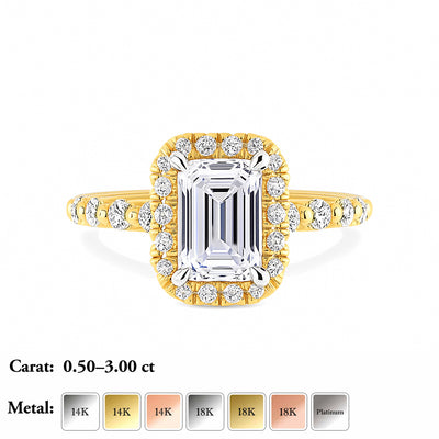 The Allison Ring - Emerald Cut Diamond Halo Engagement Ring with Pave Sides
