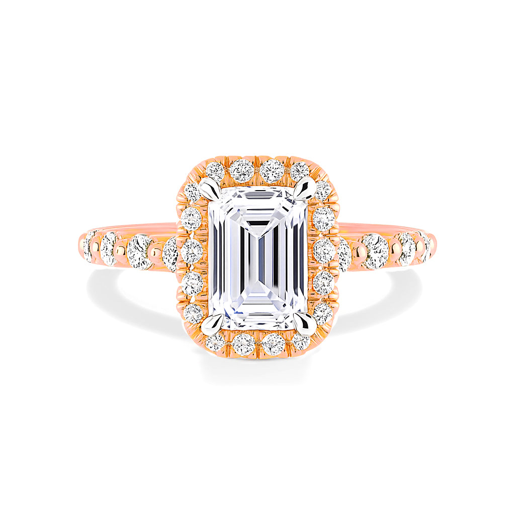 The Allison Ring - Emerald Cut Diamond Halo Engagement Ring with Pave Sides