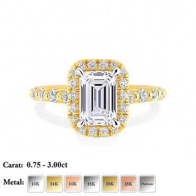 The Allison Ring - Emerald Cut Diamond Halo Engagement Ring with Pave Sides