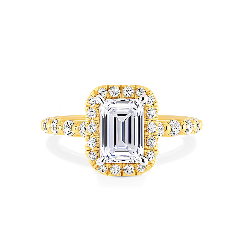 The Allison Ring - Emerald Cut Diamond Halo Engagement Ring with Pave Sides