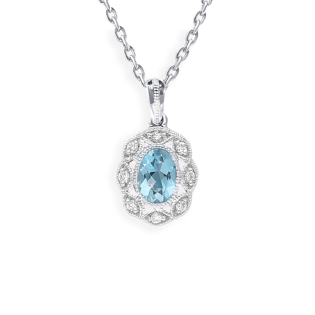 14K White Gold Aquamarine & Diamond Pendant