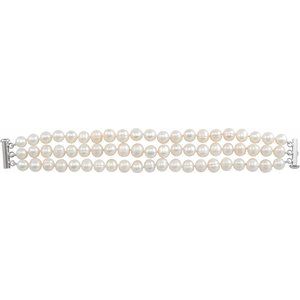 Sterling Silver Cultured White Freshwater Pearl Triple Strand 7 1/4" Bracelet