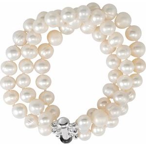 Sterling Silver Cultured White Freshwater Pearl Triple Strand 7 1/4" Bracelet