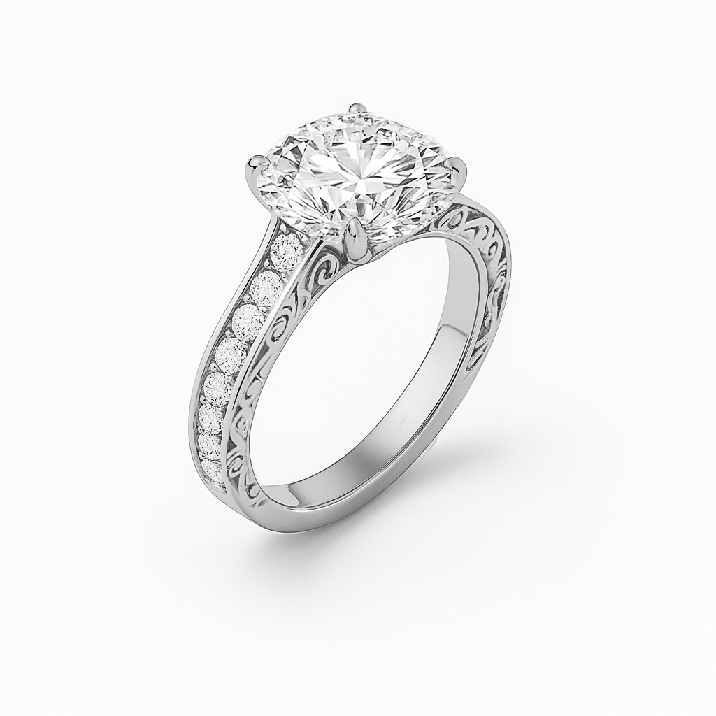 The Riviera Ring – Round Solitaire with Channel-Set Band and Vintage Detail