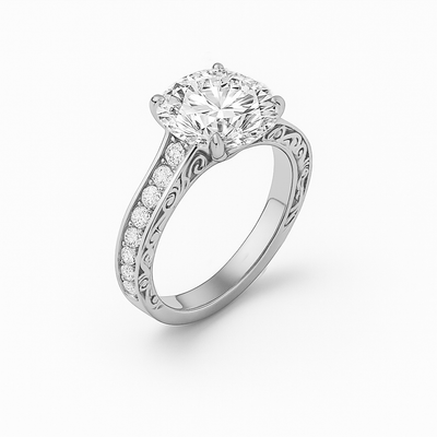 The Riviera Ring – Round Solitaire with Channel-Set Band and Vintage Detail