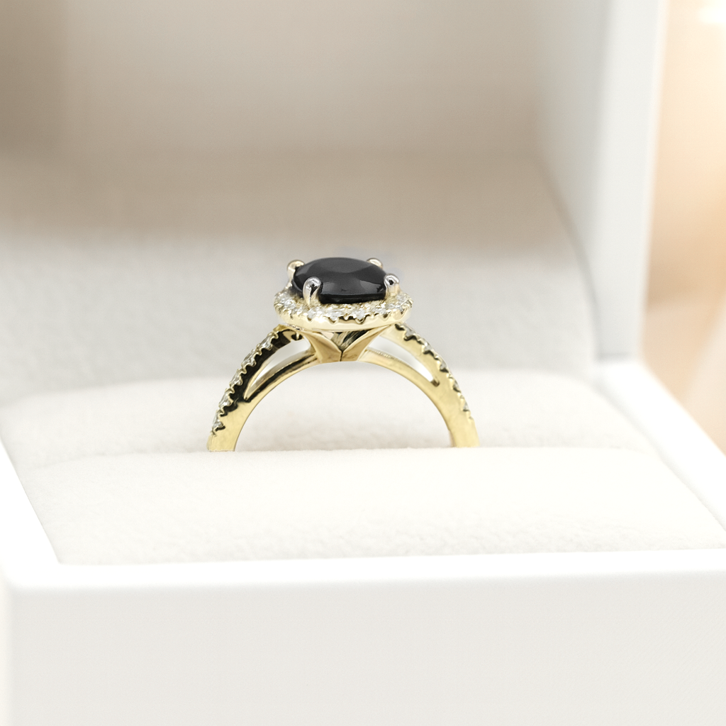 The Rosalie Ring – Diamond Halo Solitaire with Pavé Shoulders