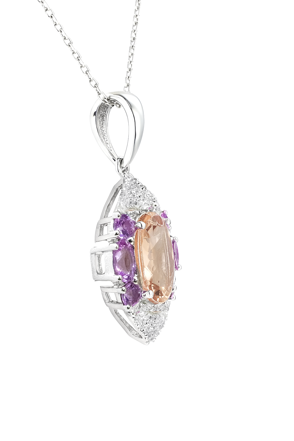 14K White Gold Morganite, Diamond and Sapphire Pendant