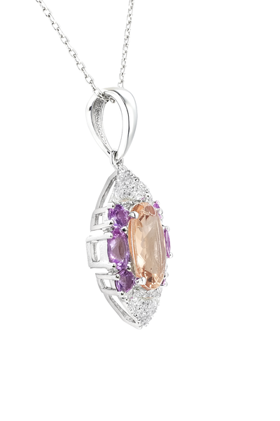 14K White Gold Morganite, Diamond and Sapphire Pendant