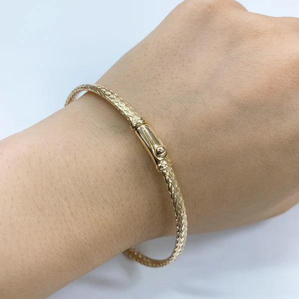 IL Diletto - 925 Silver Bangle, Weave 3.5mm, Push Lock, Size M, Gold Plated