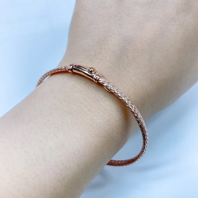 IL Diletto - 925 Silver Bangle, Weave 3.5mm, Push Lock, Size M, Rose Gold Plated