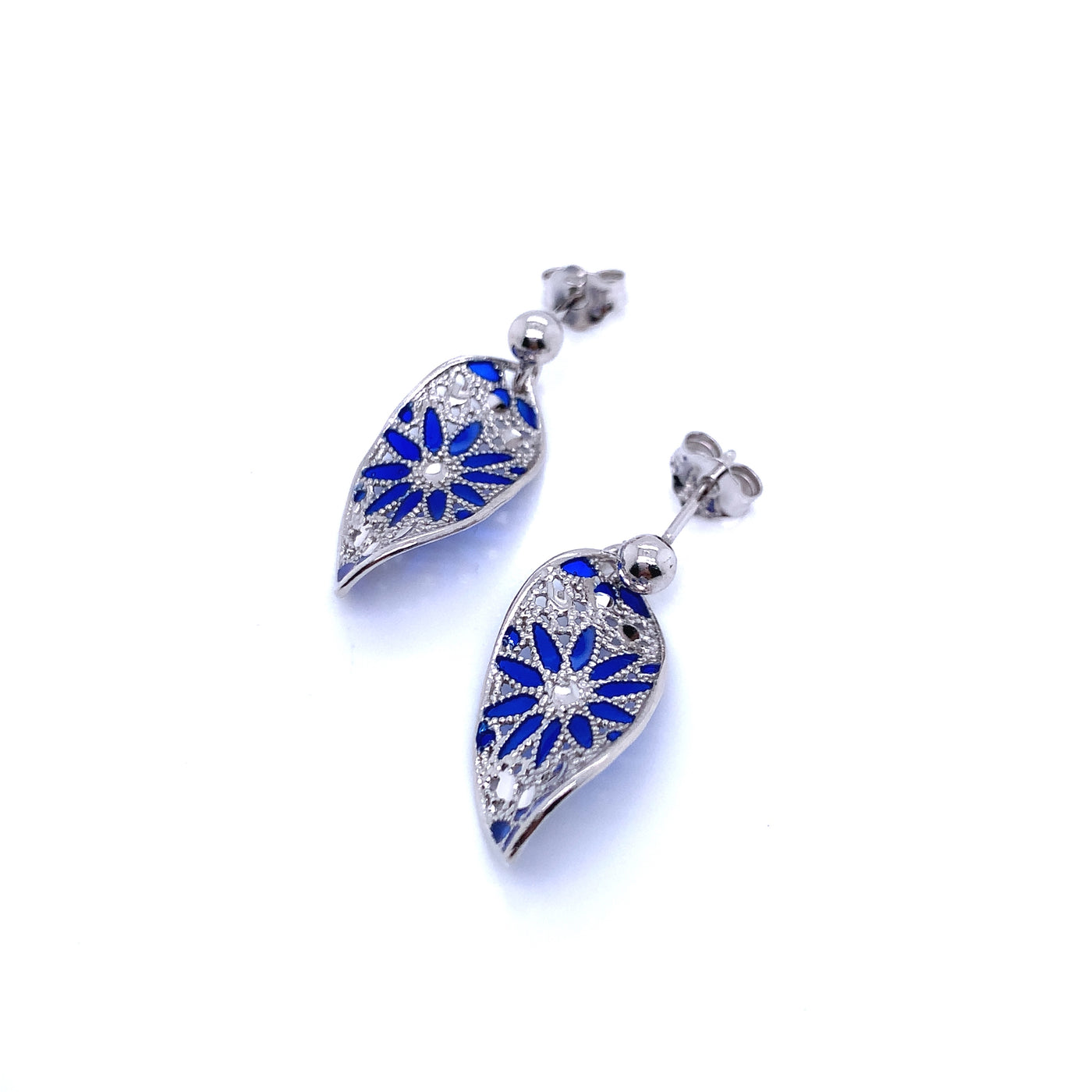 IL Diletto - 925 Italian Silver Earring, Oval Filigree Twisted, Blue Enamel, Rhodium Plated