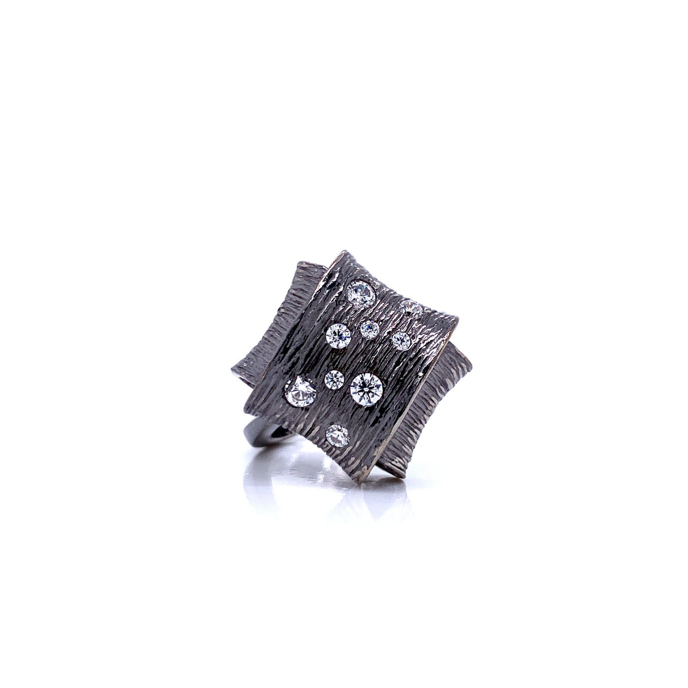 IL Diletto - Silver Ring, Folded Square, Cubic Zirconia, Size 6, Open Shank, Ruthenium Plated