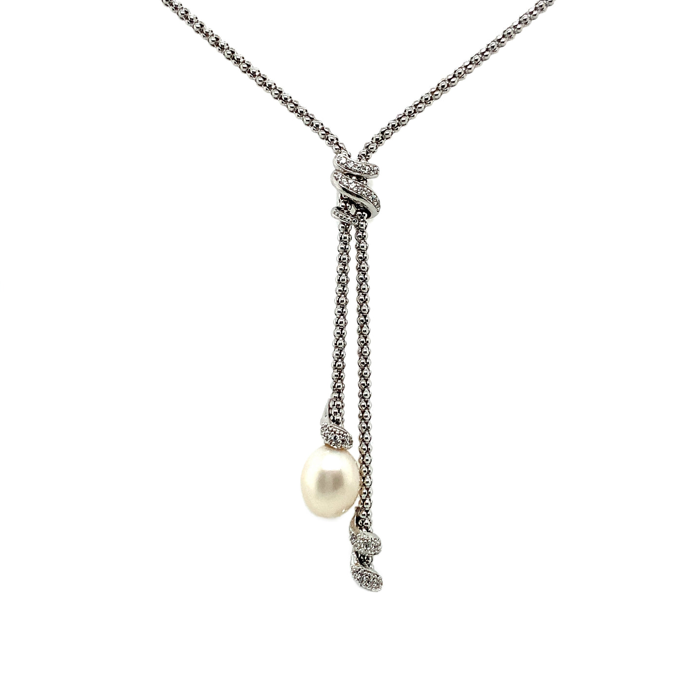 IL Diletto - 925 Italian Silver Necklace, Popcorn chain, Pearl & CZ, 40+5cm, Rhodium Plated