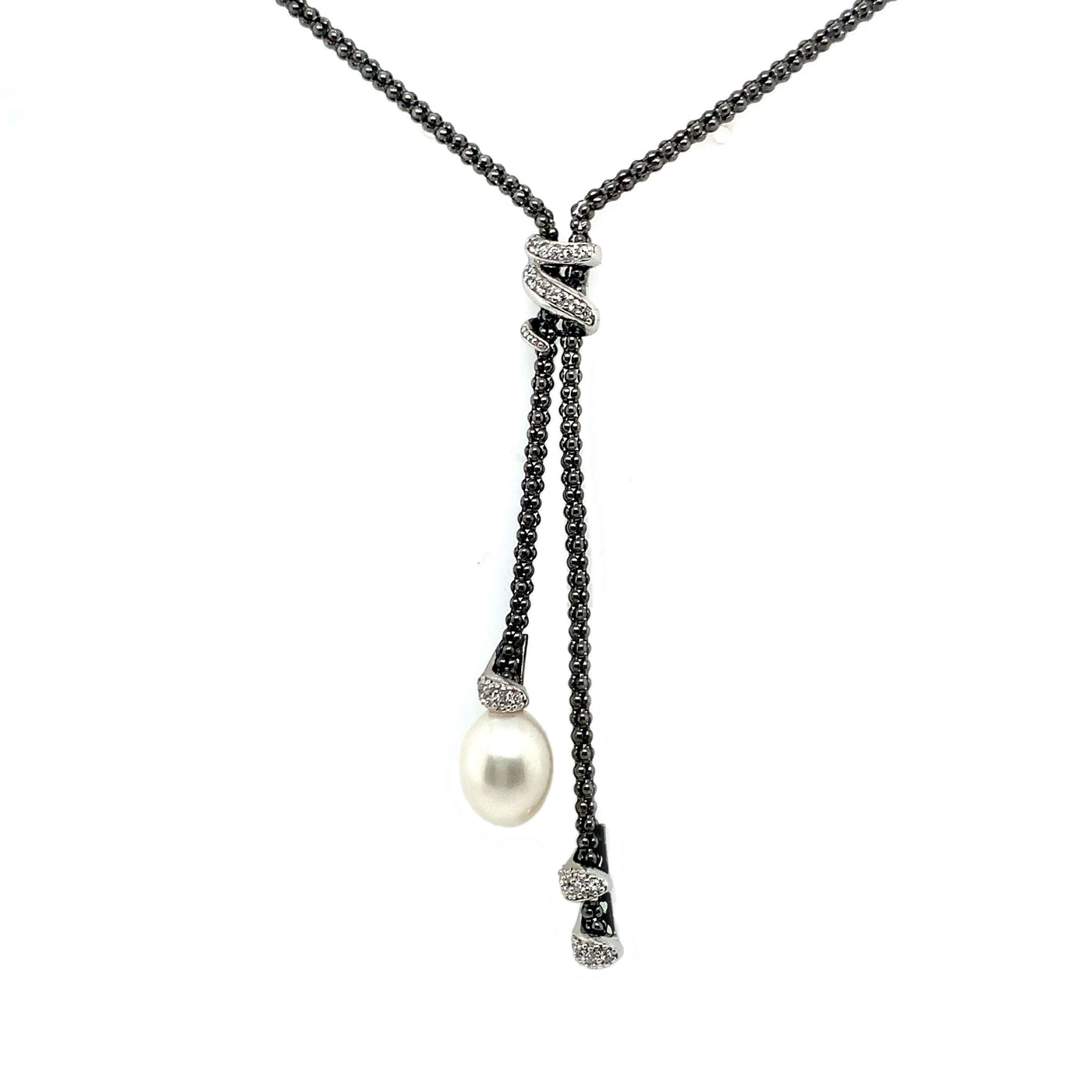 IL Diletto - 925 Italian Silver Necklace, Popcorn chain, Pearl & CZ, 40+5cm, Ruthenium Plated