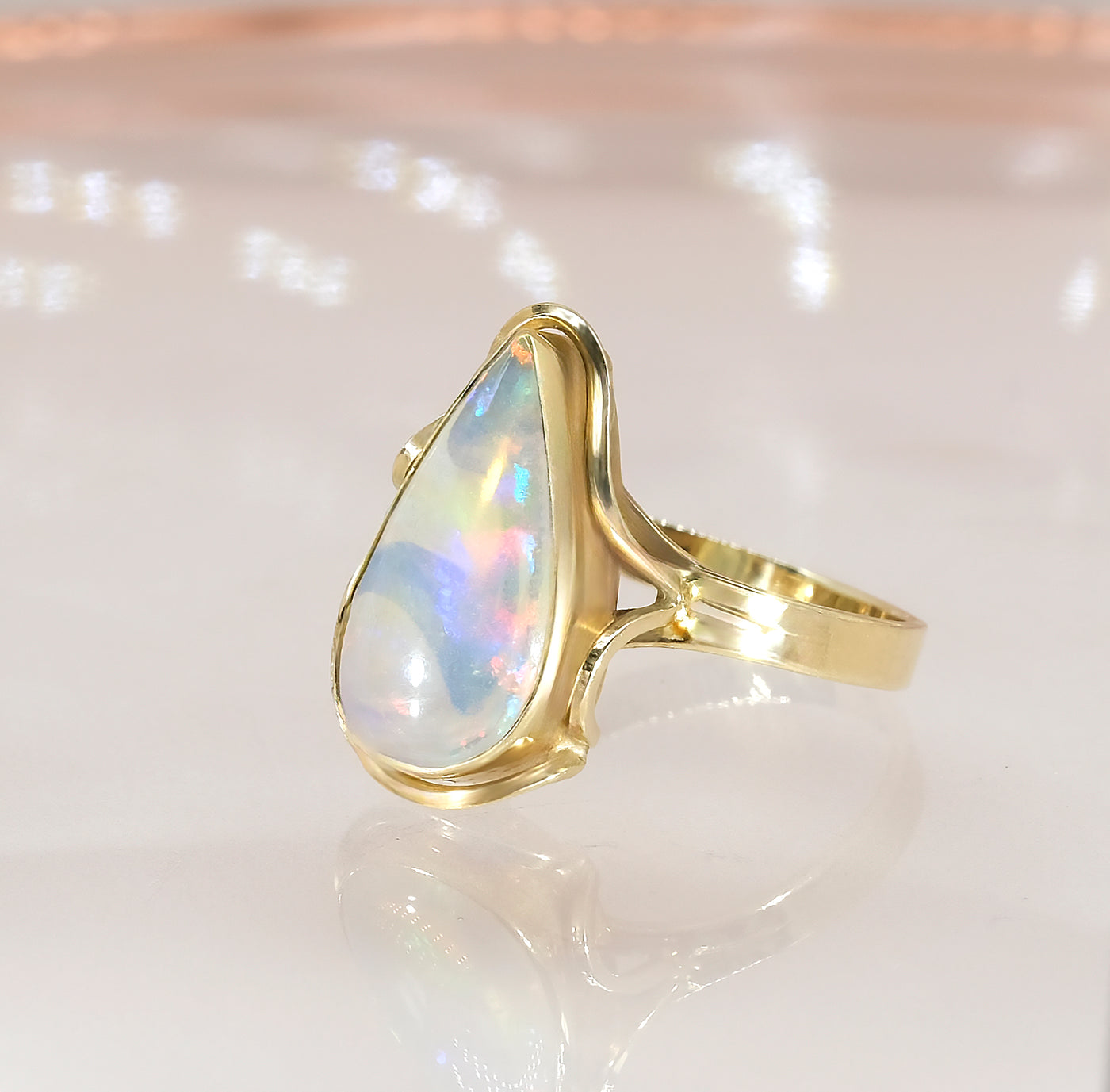 14K Yellow Gold Solid Crystal Opal Ring