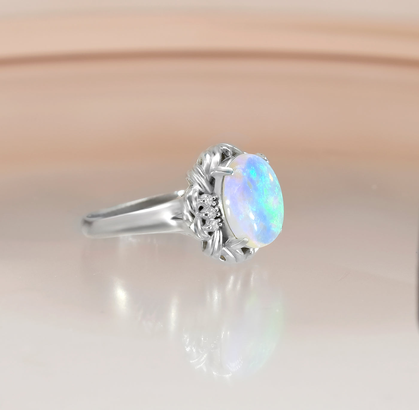 Platinum Solid Opal & Diamond Ring