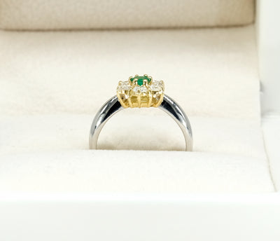 Platinum and 18K Yellow Gold Emerald and Diamond Flower Ring