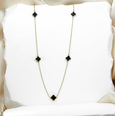 9K Yellow Gold Onyx Clover Style Necklace