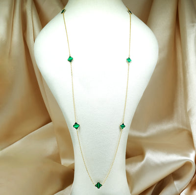 9K Yellow Gold Malachite Clover Style Necklace