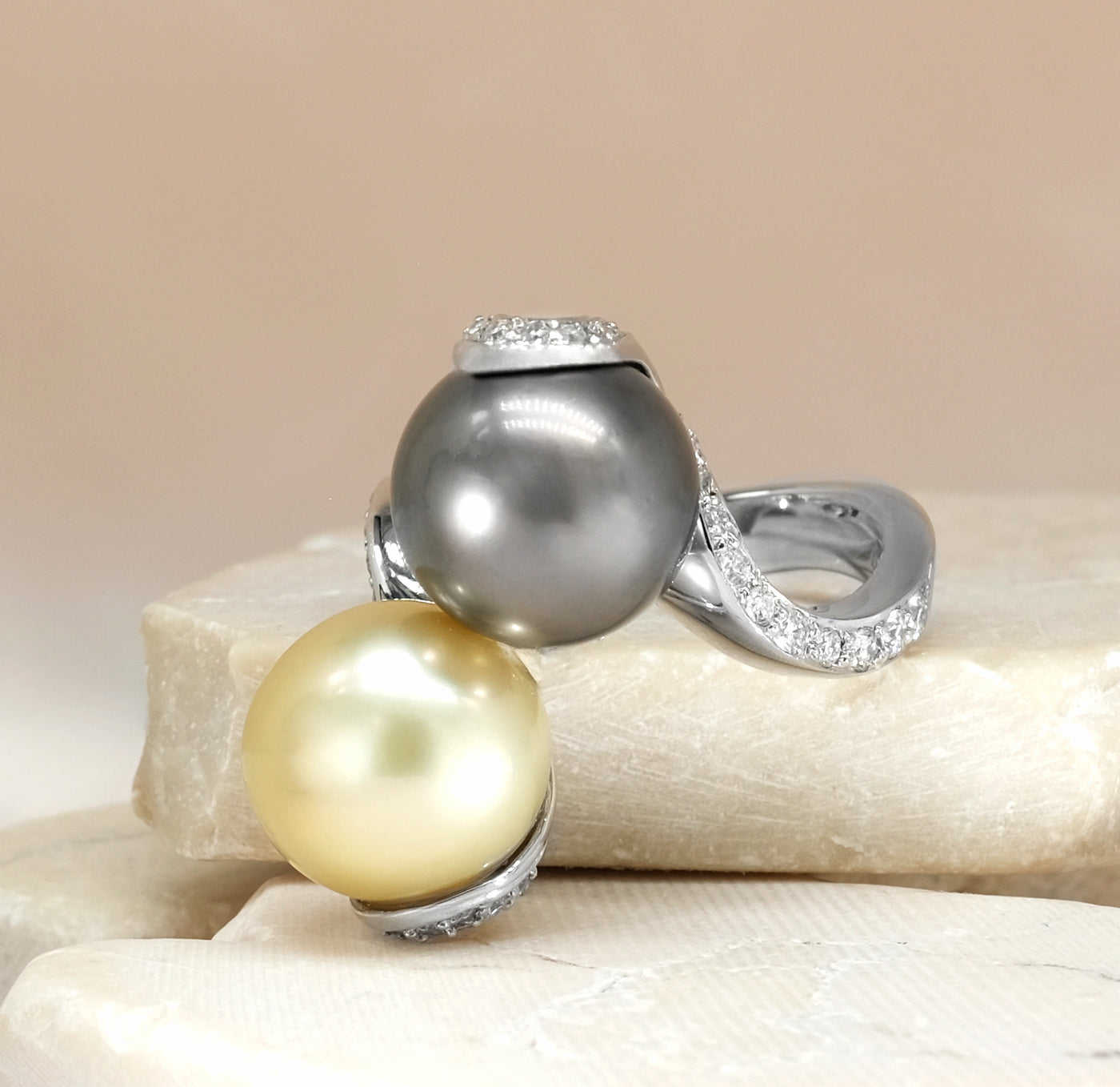 Golden South Sea and Tahitian Pearl Platinum Ring