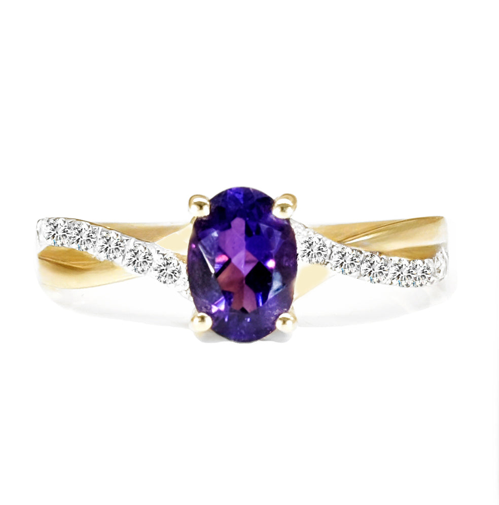 14K Yellow Gold Amethyst & Diamond Ring