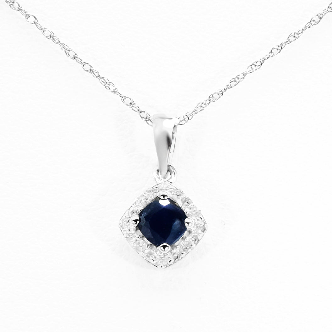 10K White Gold Sapphire Pendant with Diamond Halo