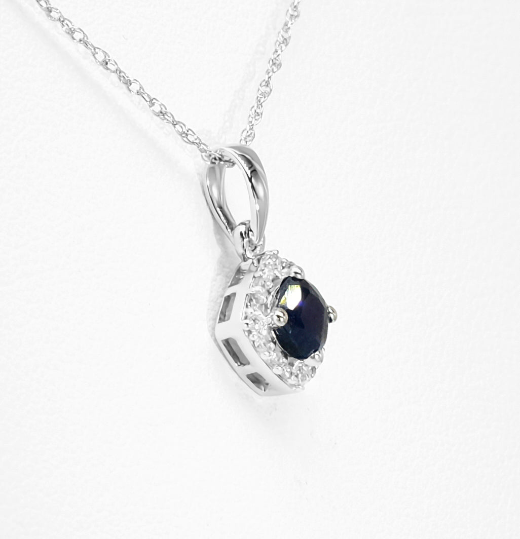 10K White Gold Sapphire Pendant with Diamond Halo