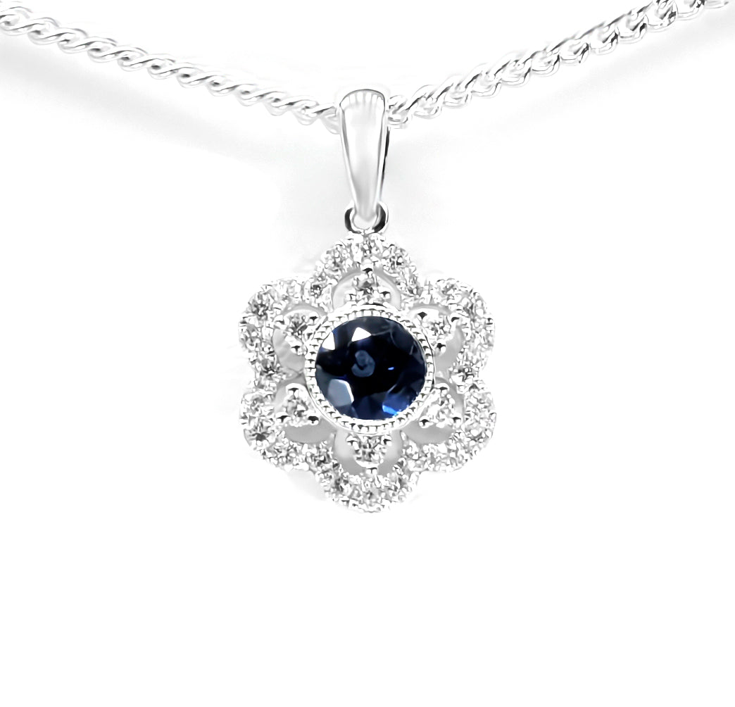 14K White Gold Sapphire & Diamond Flower Pendant