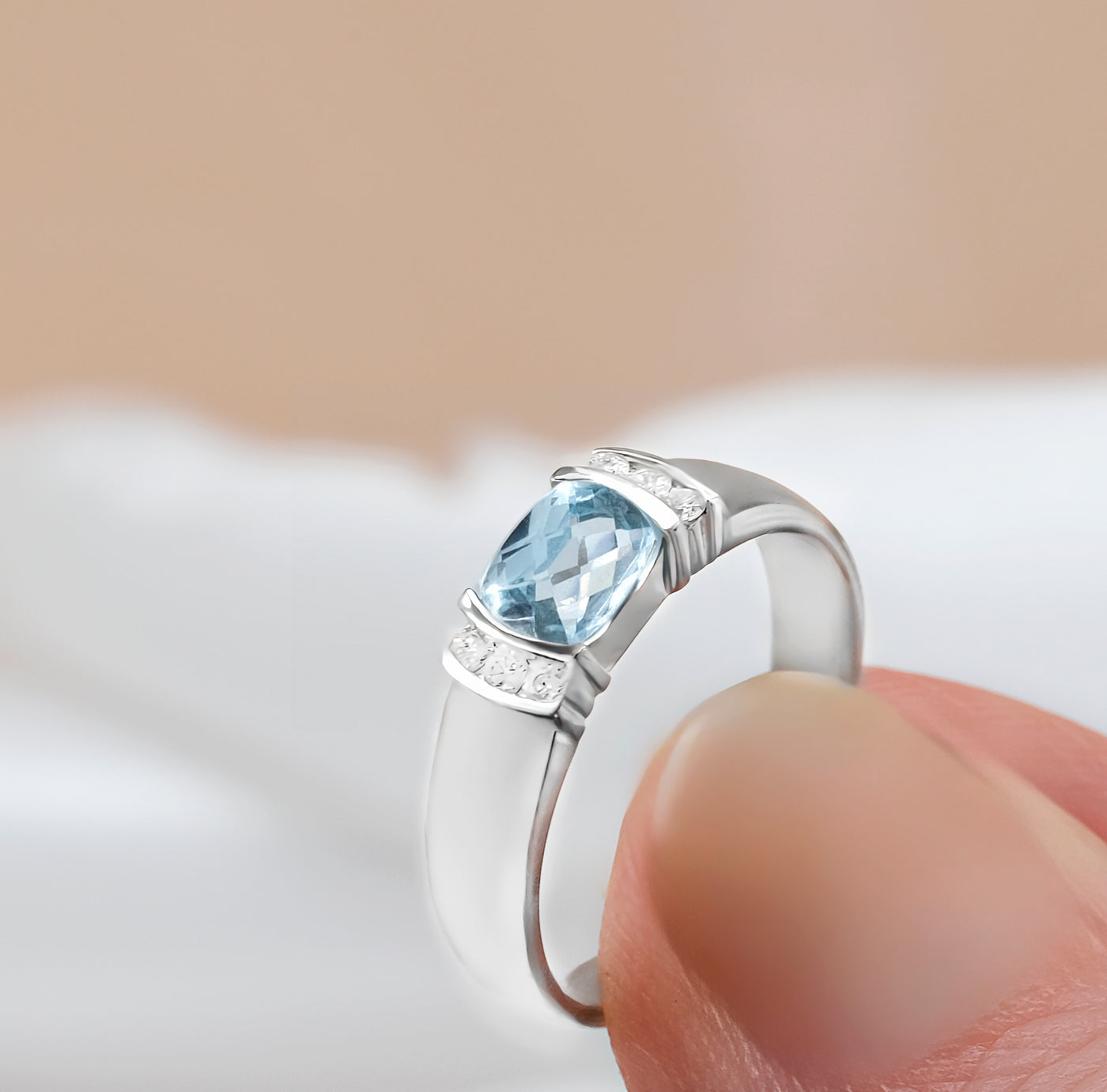 9K White Gold Blue Topaz & Diamond Ring