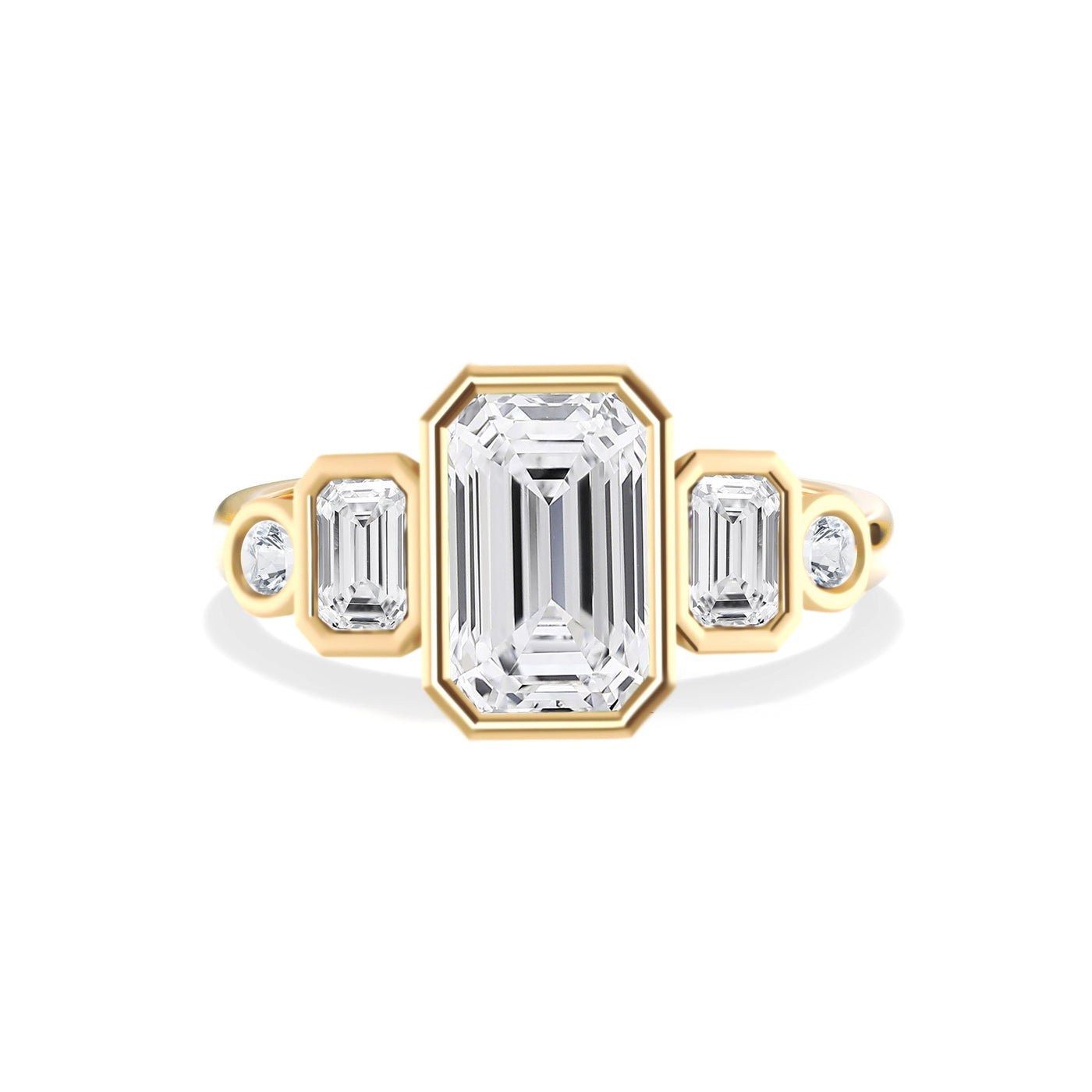 The Margaret Ring – Bezel-Set Diamond Engagement Ring with Emerald and Round Accent Stones