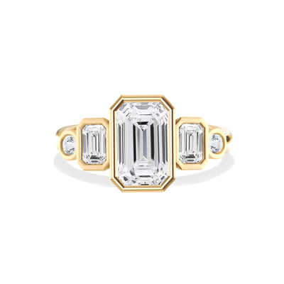 The Margaret Ring – Bezel-Set Diamond Engagement Ring with Emerald and Round Accent Stones