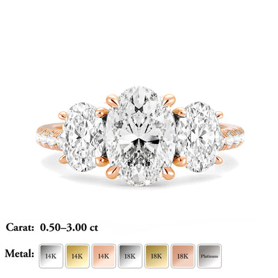 The Elisa Ring - Three Stone Oval Diamond Ring with with Pavé