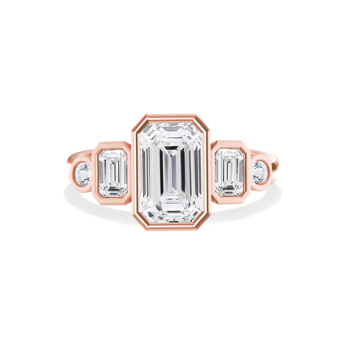 The Margaret Ring – Bezel-Set Diamond Engagement Ring with Emerald and Round Accent Stones