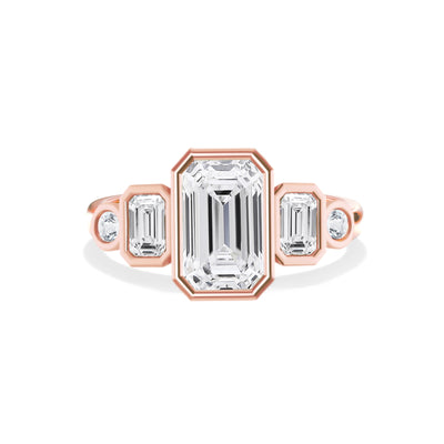 The Margaret Ring – Bezel-Set Diamond Engagement Ring with Emerald and Round Accent Stones