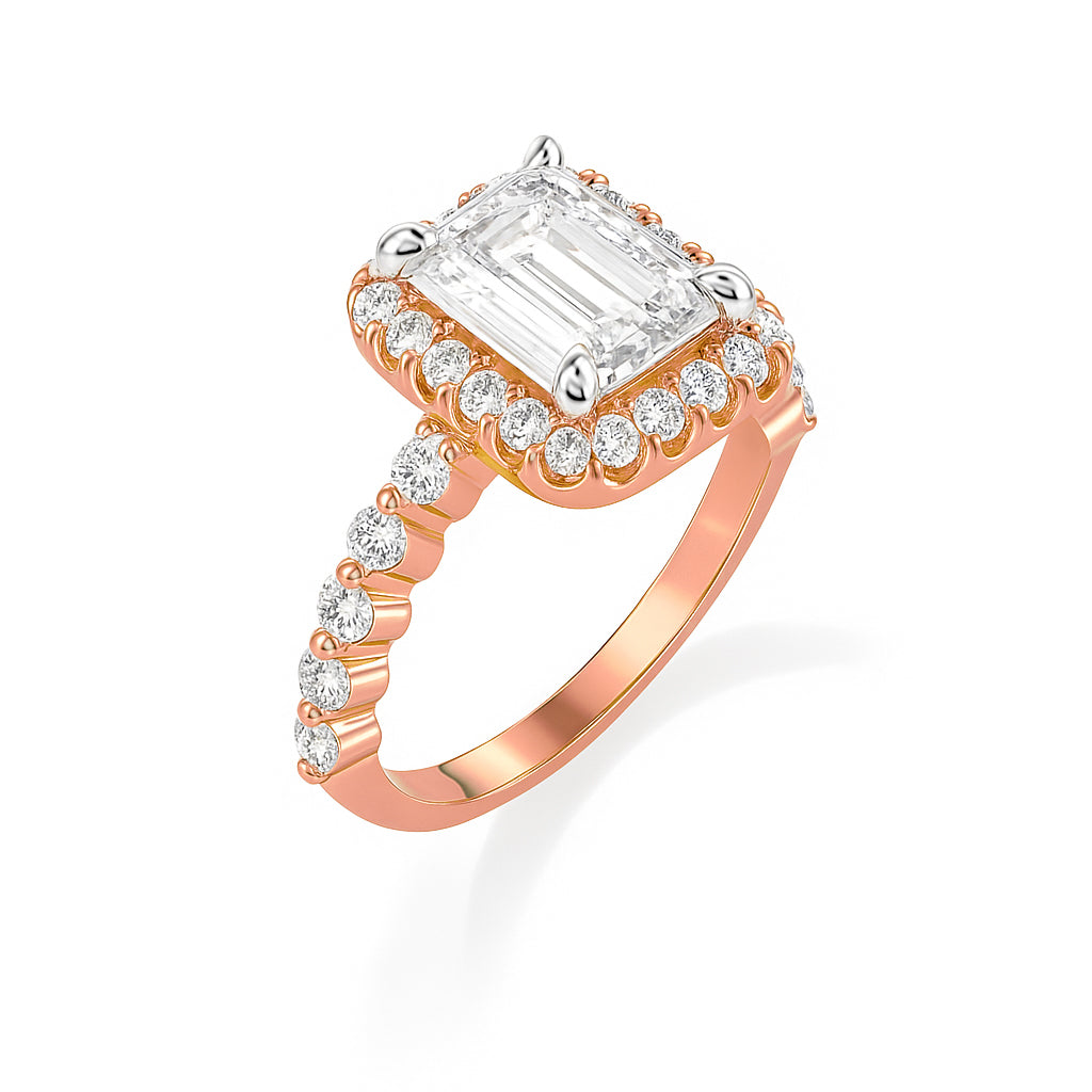 The Allison Ring - Emerald Cut Diamond Halo Engagement Ring with Pave Sides