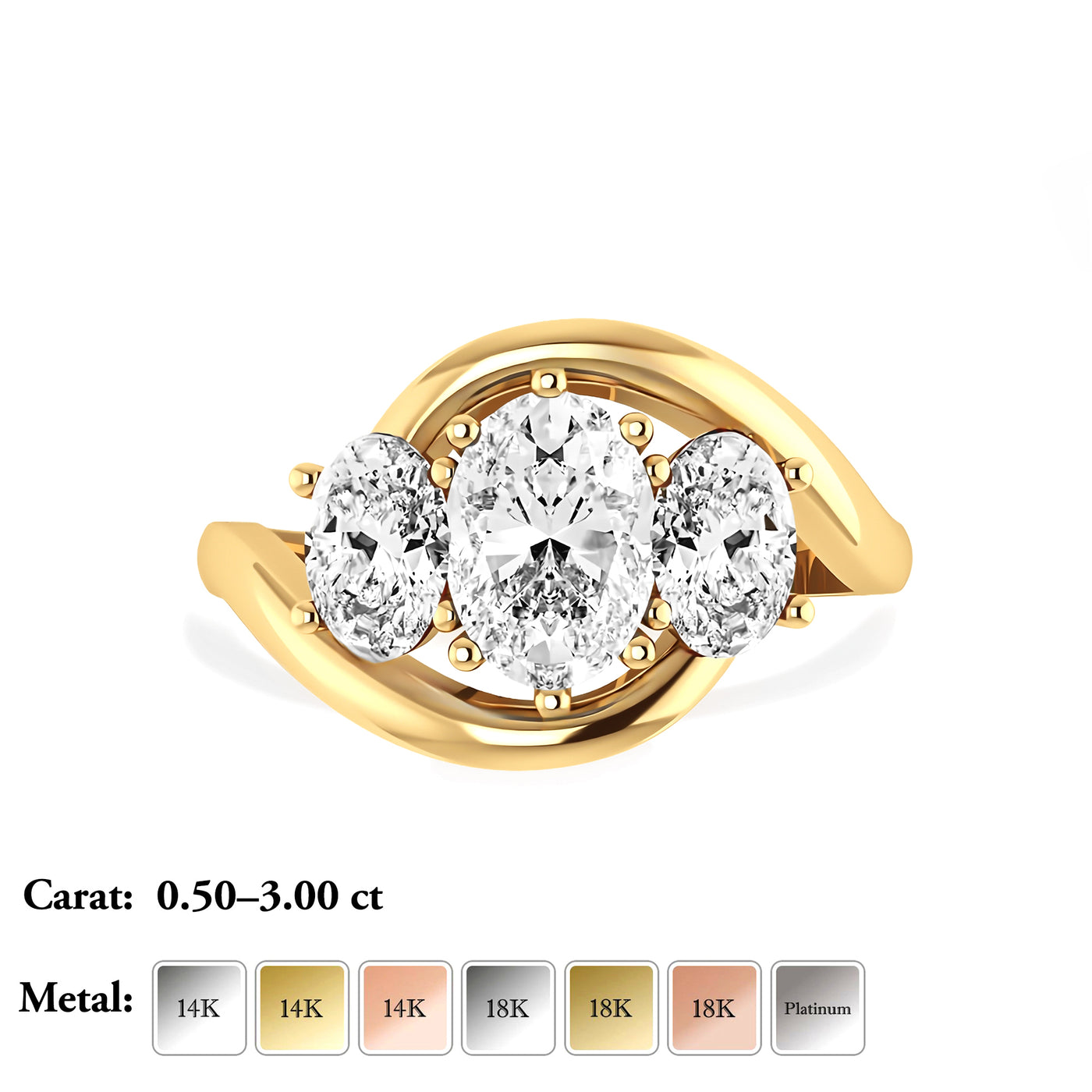 The Camila Ring - Three Stone Oval Diamond Ring with a twisted band