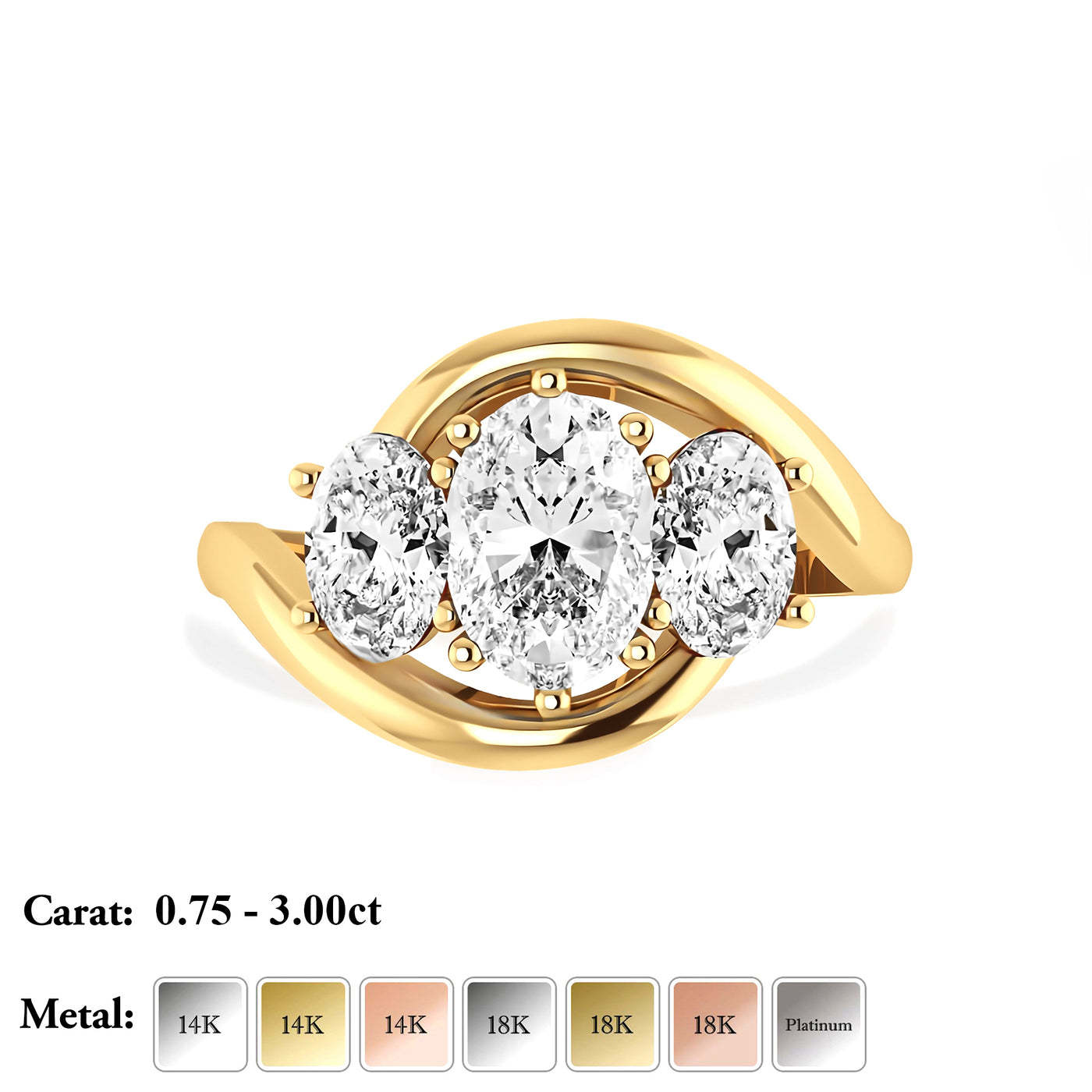 The Camila Ring - Three Stone Oval Diamond Ring with a twisted band