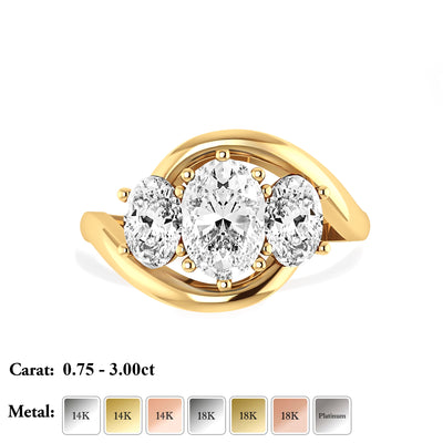 The Camila Ring - Three Stone Oval Diamond Ring with a twisted band