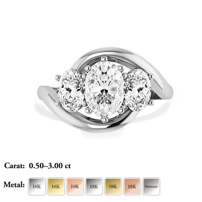 The Camila Ring - Three Stone Oval Diamond Ring with a twisted band