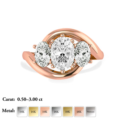 The Camila Ring - Three Stone Oval Diamond Ring with a twisted band