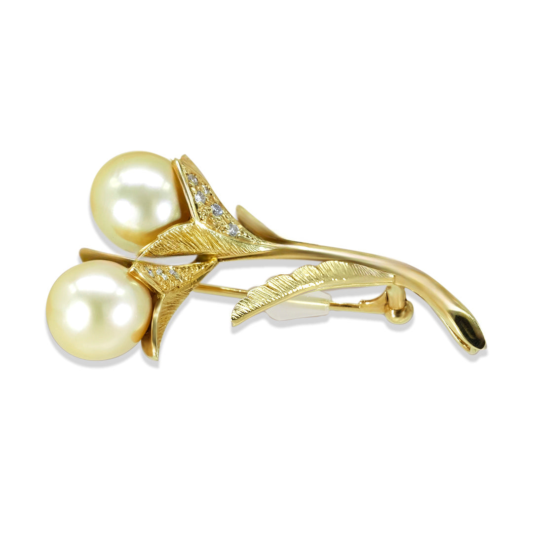 18K Yellow Gold South Sea Golden Pearl & Diamond Brooch