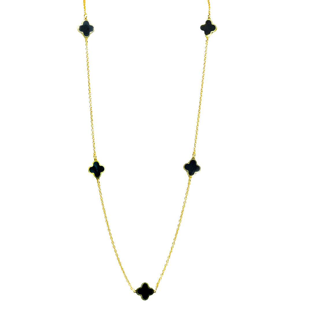 9K Yellow Gold Onyx Clover Style Necklace