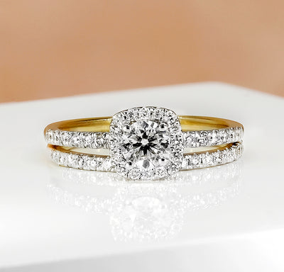 14k Yellow Gold Round Brilliant & Cushion Diamond Cluster Bridal Set