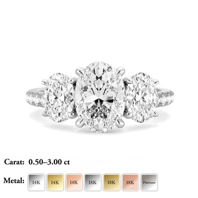 The Elisa Ring - Three Stone Oval Diamond Ring with with Pavé
