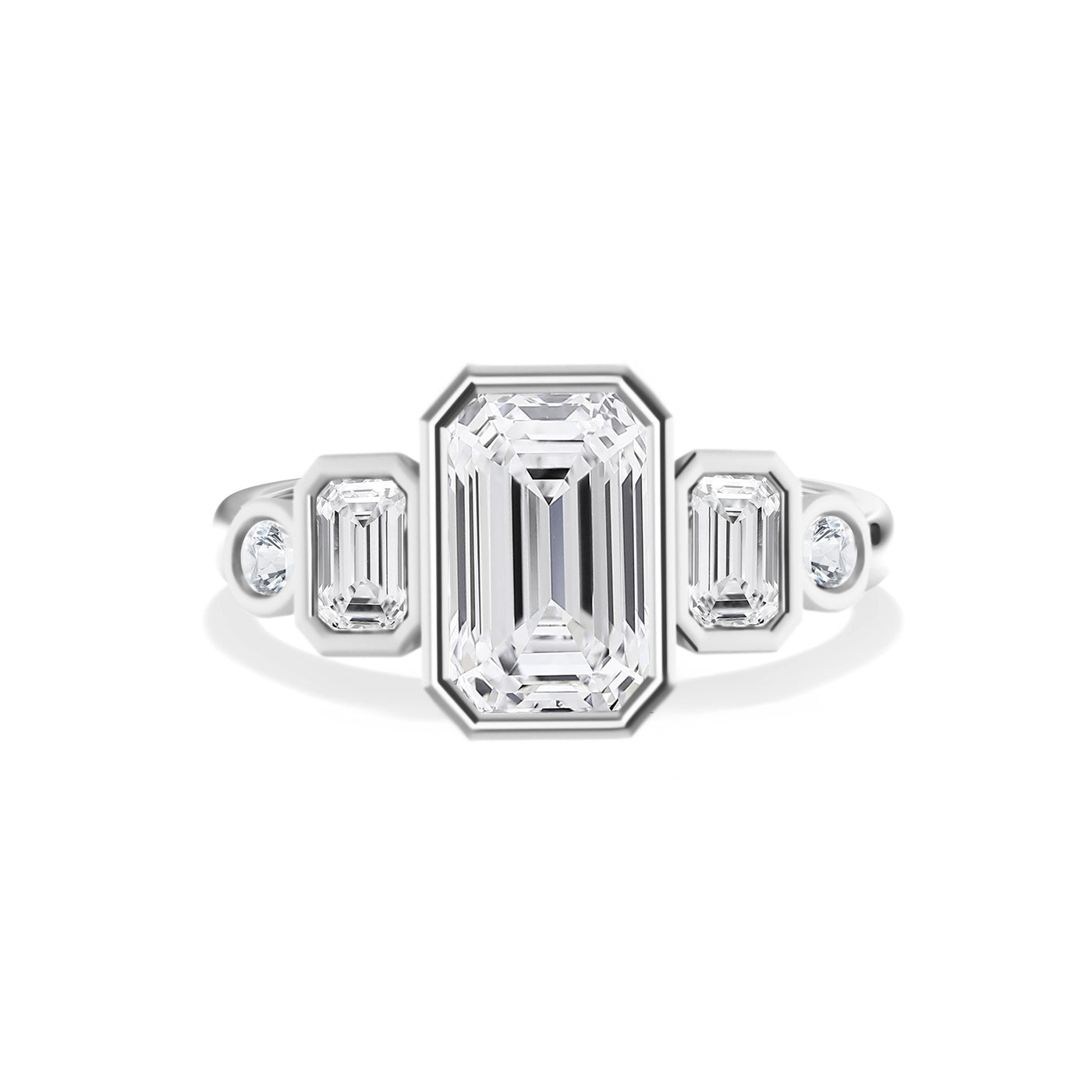 The Margaret Ring – Bezel-Set Diamond Engagement Ring with Emerald and Round Accent Stones