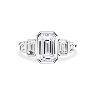 The Margaret Ring – Bezel-Set Diamond Engagement Ring with Emerald and Round Accent Stones
