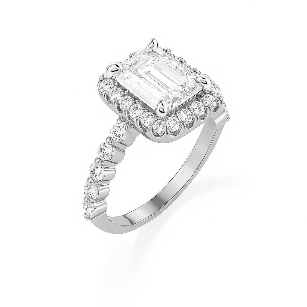 The Allison Ring - Emerald Cut Diamond Halo Engagement Ring with Pave Sides